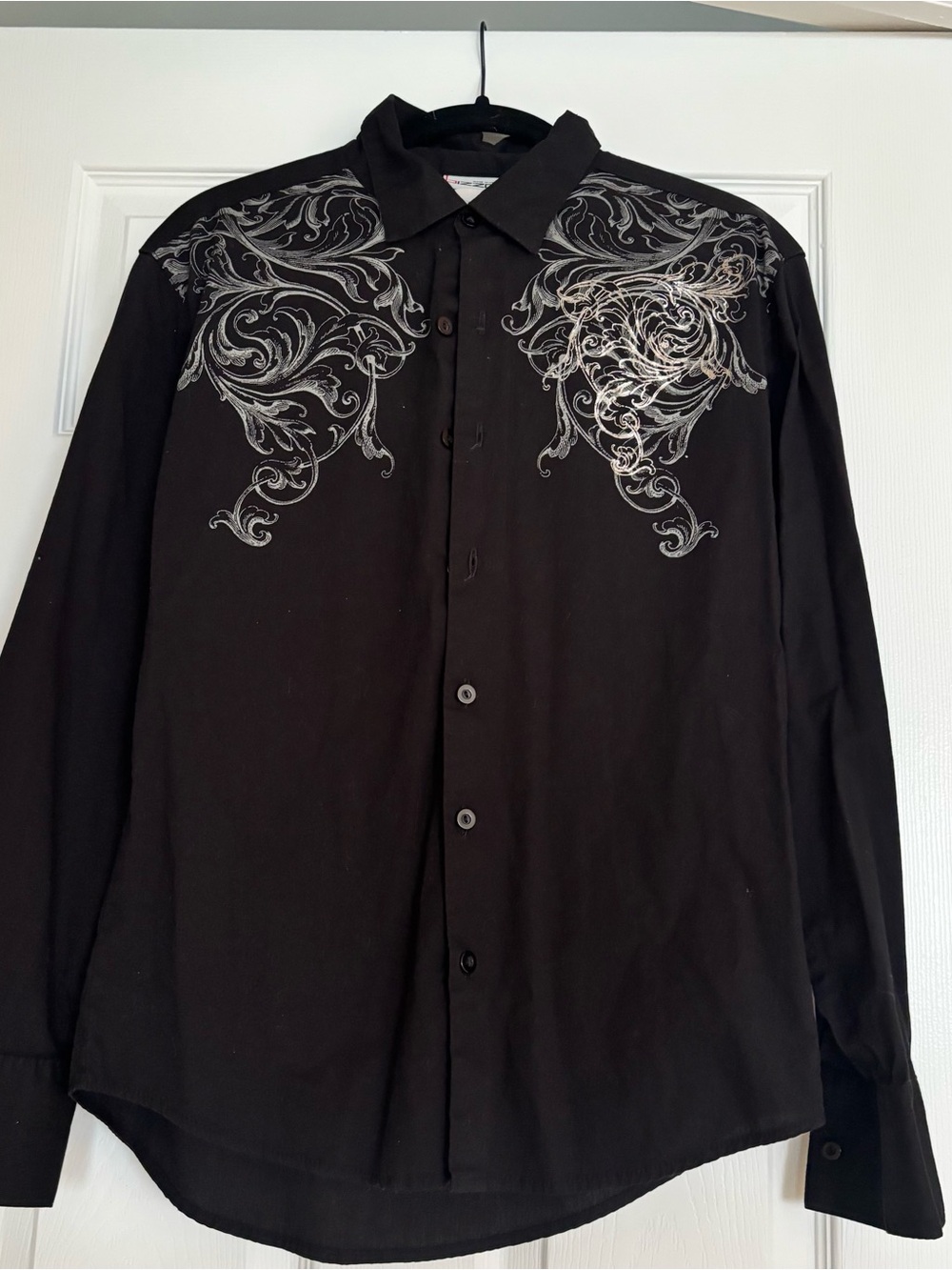 Men's Black Button-Up Shirt with Silver Embroidered Yoke